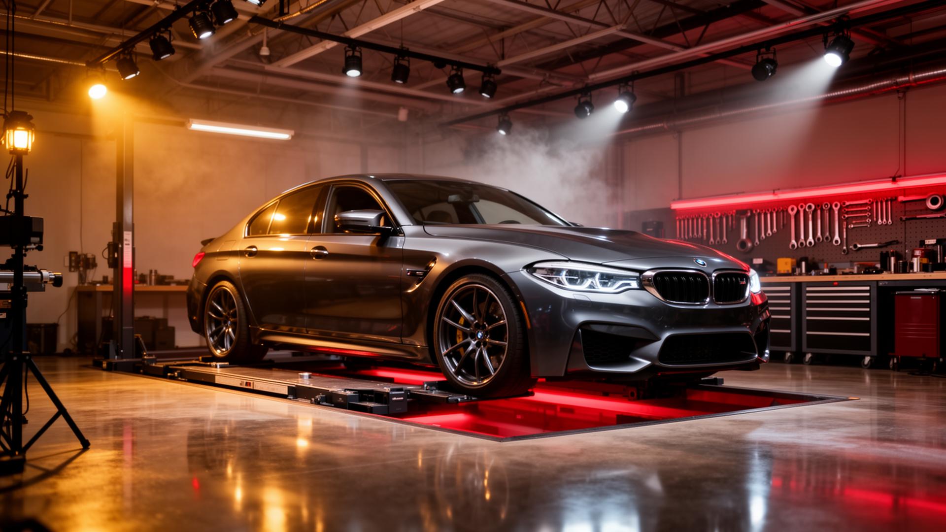 BMW M sobre elevador hidráulico em oficina premium